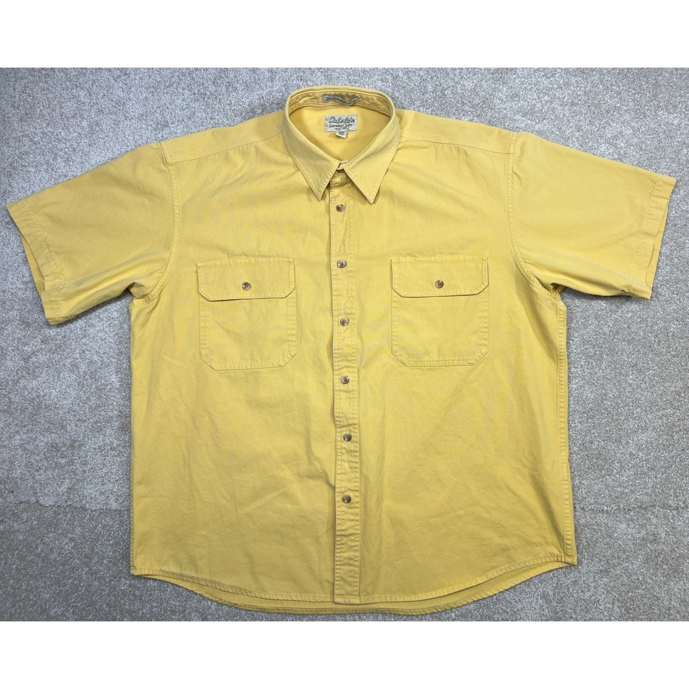 Cabelas Mens Yellow Stonewash Canvas Short Sleeve Button Up Shirt XL Thick Heavy